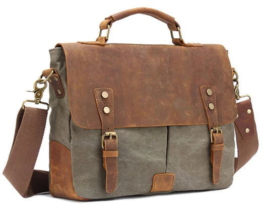 Vintage Leather + Canvas men briefcase Business bag Portfolio men office bag