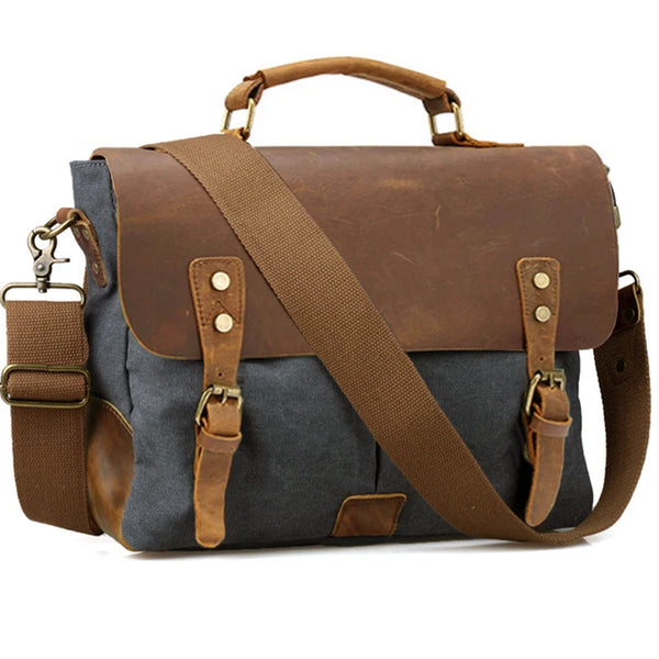 Vintage Leather + Canvas men briefcase Business bag Portfolio men office bag