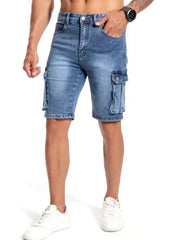 Summer Men's Denim Shorts Stretch Slim Cargo Fashion Jeans Large Pocket Short