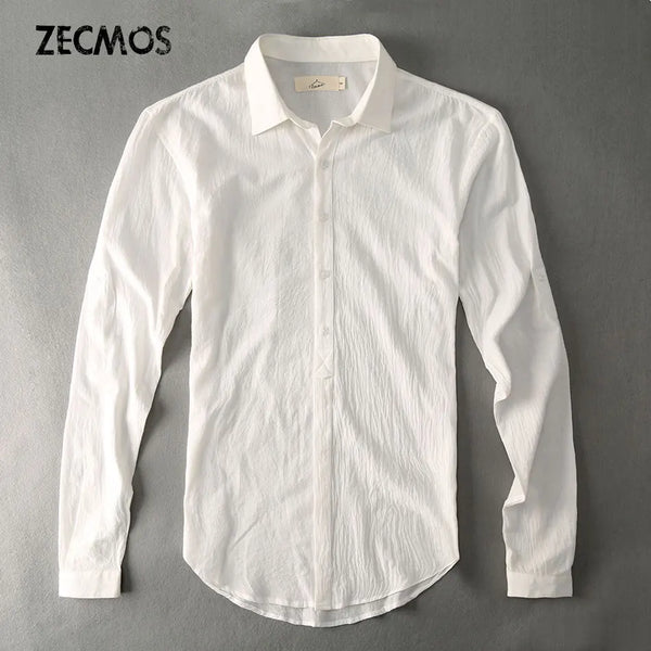 Casual Hawaiian Shirts Men Cotton Linen Designer Brand Slim Fit  White Shirt