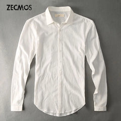 Casual Hawaiian Shirts Men Cotton Linen Designer Brand Slim Fit  White Shirt