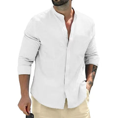 Men's Cotton Long Sleeve Shirts Casual Button Down Banded Collar Shirt