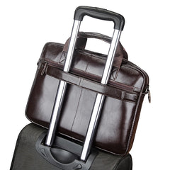 Genuine leather men's briefcase with double front pockets, large capacity computer bag