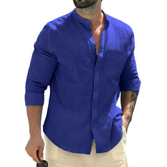 Men's Cotton Long Sleeve Shirts Casual Button Down Banded Collar Shirt