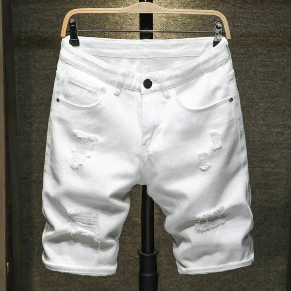 Streetwear Ripped White Denim Shorts Men New Fashion Knee Length Jeans