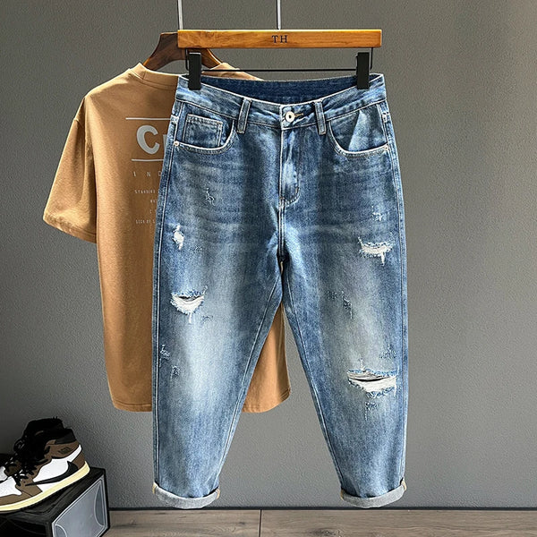 Ripped Jeans Men New Personality Fashion Vintage Blue Denim Pants Casual