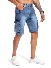 Summer Men's Denim Shorts Stretch Slim Cargo Fashion Jeans Large Pocket Short