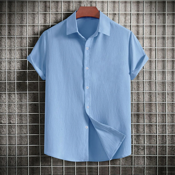 Men's casual short-sleeved solid color lapel shirt