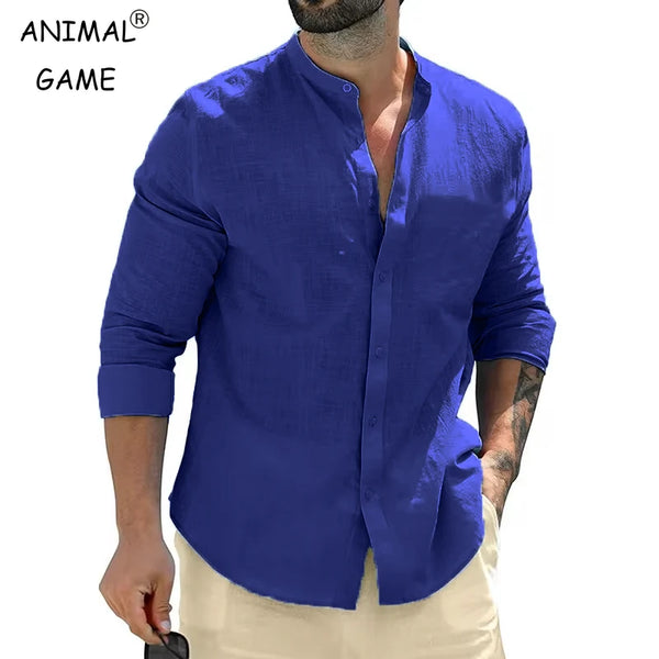 Men's Cotton Long Sleeve Shirts Casual Button Down Banded Collar Shirt