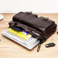 Genuine leather men's briefcase with double front pockets, large capacity computer bag
