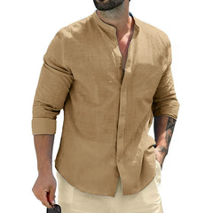 Men's Cotton Long Sleeve Shirts Casual Button Down Banded Collar Shirt