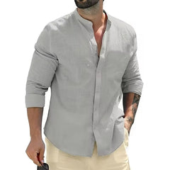 Men's Cotton Long Sleeve Shirts Casual Button Down Banded Collar Shirt