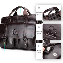 Genuine leather men's briefcase with double front pockets, large capacity computer bag