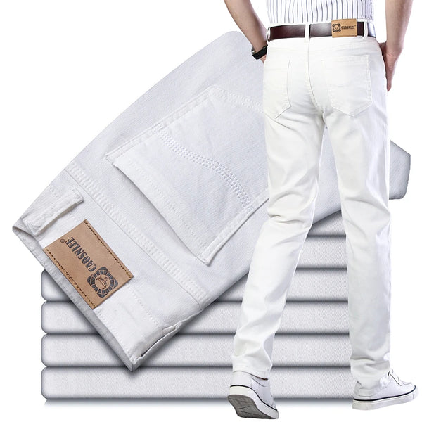 Men's Jeans Pure White Fashion Elastic Slim Youth Slimming Straight Leg Male Pants