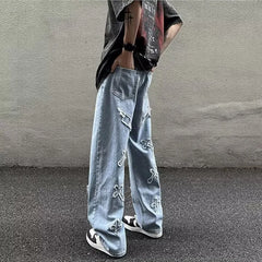 Men Straight Leg Denim Jeans Male New Fashion Casual Loose High Street Y2k Pants