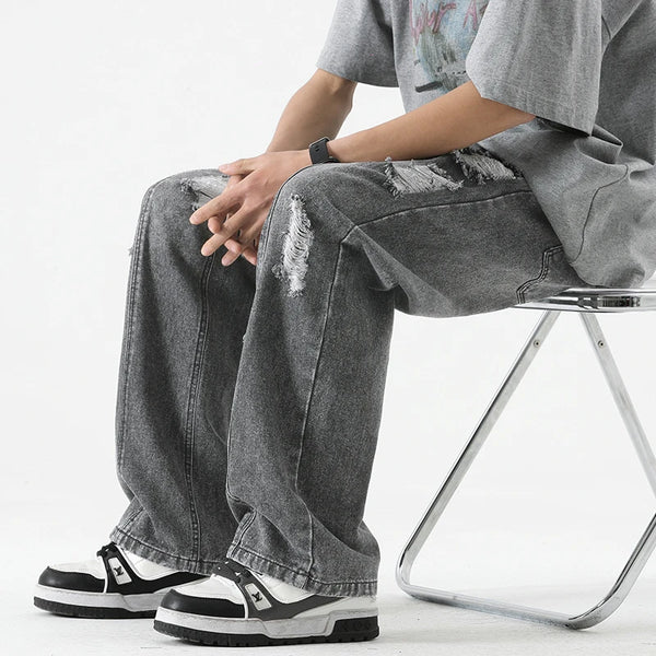 Men's Summer Ripped Jeans Loose Straight Leg Retro Fashion Casual Pants