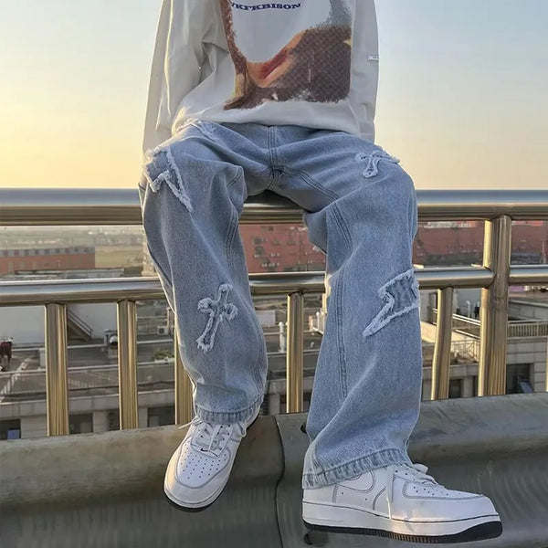 Men Straight Leg Denim Jeans Male New Fashion Casual Loose High Street Y2k Pants