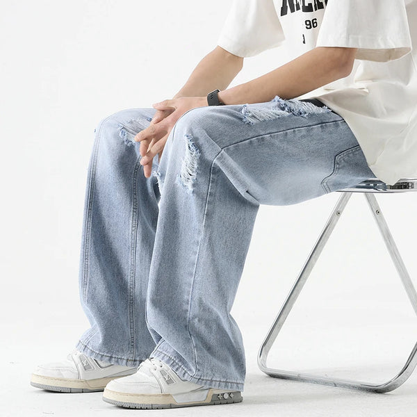 Men's Summer Ripped Jeans Loose Straight Leg Retro Fashion Casual Pants
