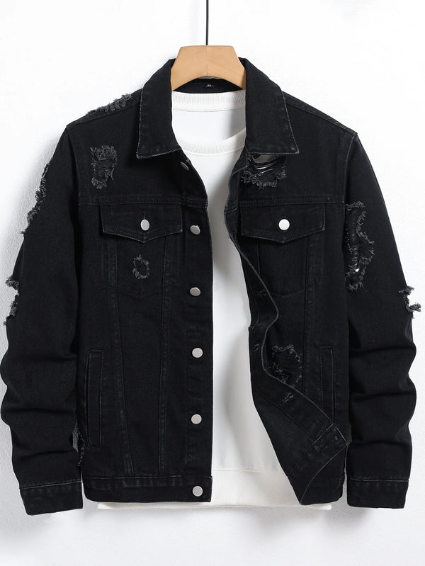 Men's Denim Jacket - Black Regular Jacket, Street Fashion Daily Casual Outings