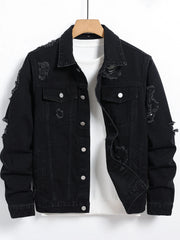 Men's Denim Jacket - Black Regular Jacket, Street Fashion Daily Casual Outings