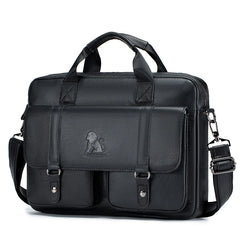 Genuine leather men's briefcase with double front pockets, large capacity computer bag