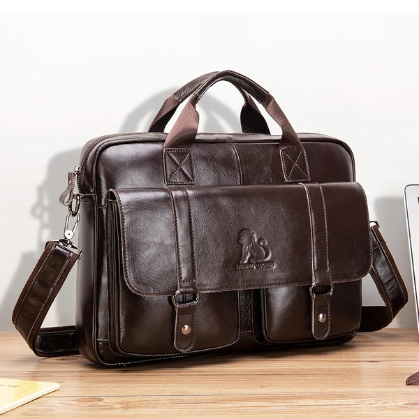 Genuine leather men's briefcase with double front pockets, large capacity computer bag