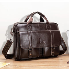 Genuine leather men's briefcase with double front pockets, large capacity computer bag