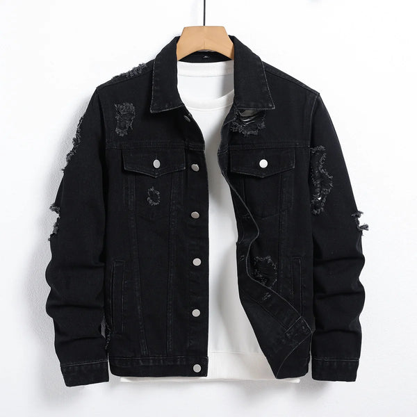 Men's Denim Jacket - Black Regular Jacket, Street Fashion Daily Casual Outings