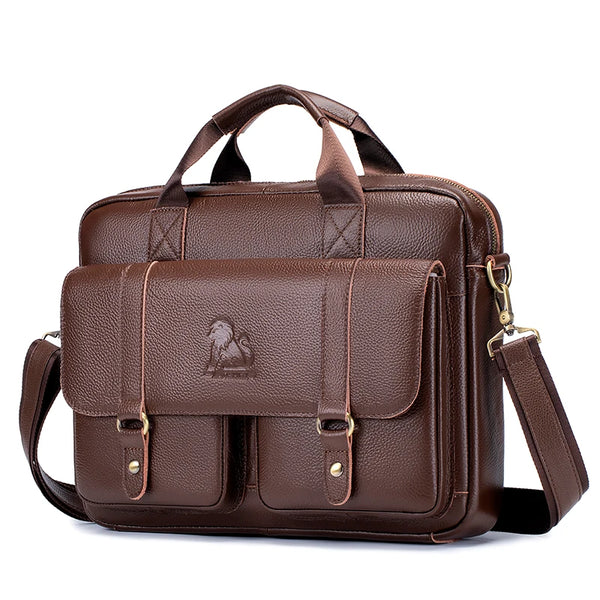 Genuine leather men's briefcase with double front pockets, large capacity computer bag