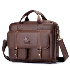 Genuine leather men's briefcase with double front pockets, large capacity computer bag